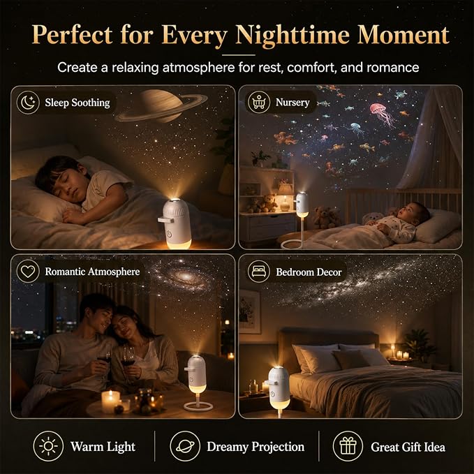 Galaxy Starry Sky Night Light Projector, 2-in-1 Portable with 6 Projection Films, 360° Adjustable Brightness Control Eye‑Caring LED Night Light for Kids Adults Bedroom Home Ceiling Car Decor Gift