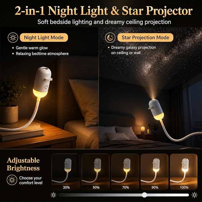 Galaxy Starry Sky Night Light Projector, 2-in-1 Portable with 6 Projection Films, 360° Adjustable Brightness Control Eye‑Caring LED Night Light for Kids Adults Bedroom Home Ceiling Car Decor Gift