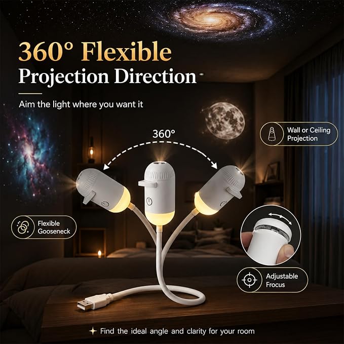 Galaxy Starry Sky Night Light Projector, 2-in-1 Portable with 6 Projection Films, 360° Adjustable Brightness Control Eye‑Caring LED Night Light for Kids Adults Bedroom Home Ceiling Car Decor Gift