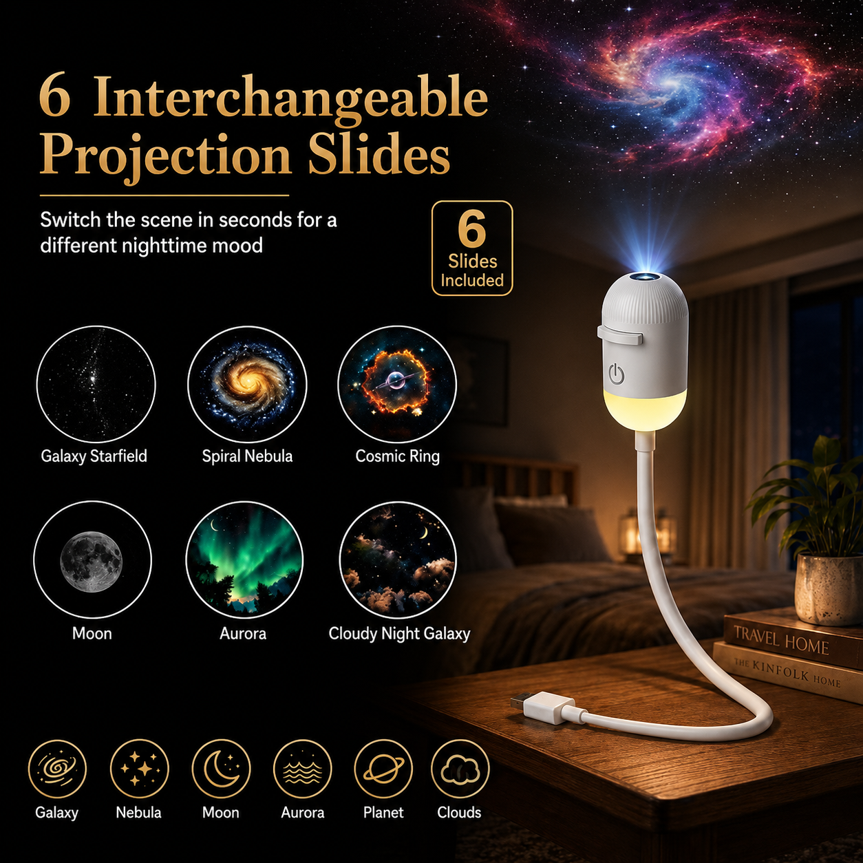 Galaxy Starry Sky Night Light Projector, 2-in-1 Portable with 6 Projection Films, 360° Adjustable Brightness Control Eye‑Caring LED Night Light for Kids Adults Bedroom Home Ceiling Car Decor Gift